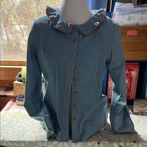 Sundance Light Blue Ruffle Collar Button-Up Blouse